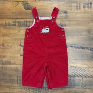 Janie and‎ Jack Corduroy Overalls Train Applique Red Checkered Lining Sz 0-3 mos